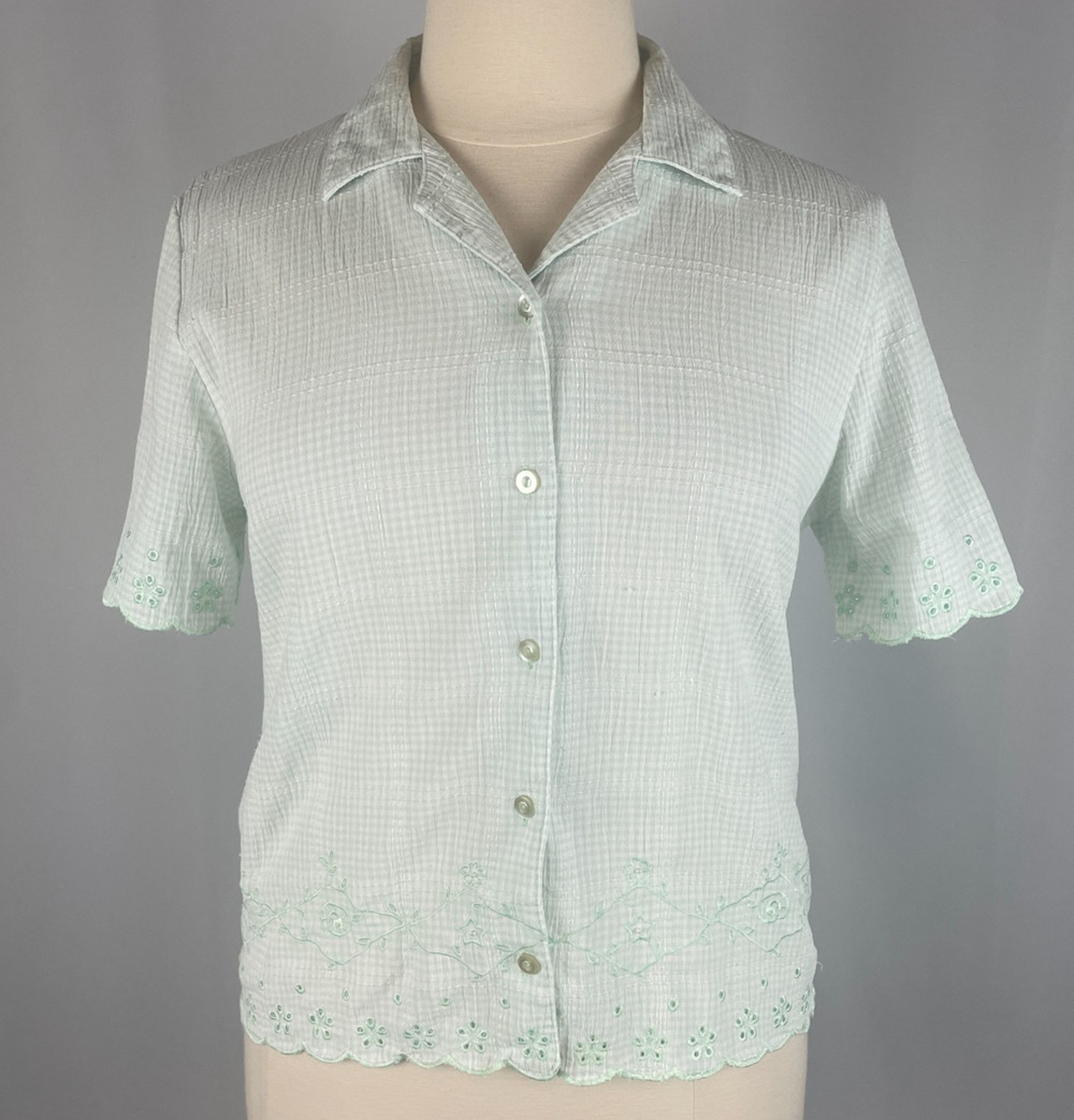 Alfred Dunner Casual Top Size 14 Teal Green Gingham Eyelet Lace Cottage Coquette